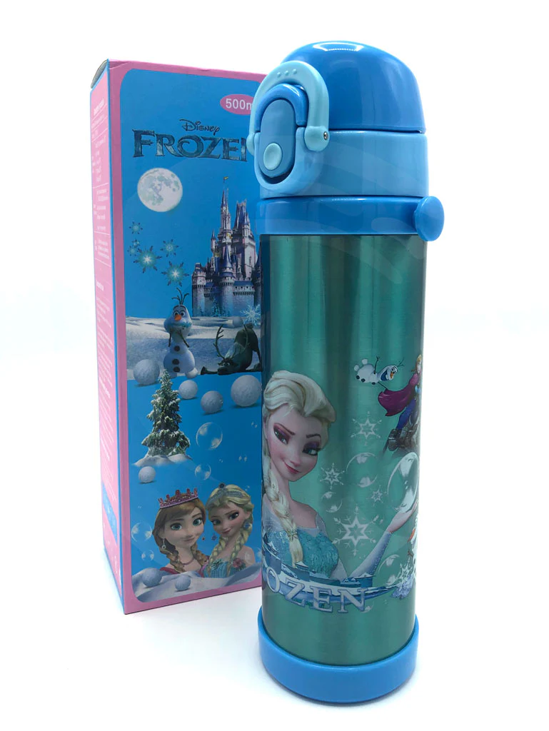 Glossy Printed Frozen Water Bottle | Frozen Blue Unique Pattern Water Bottle with Straw | Stainless Steel Vacuum Cup