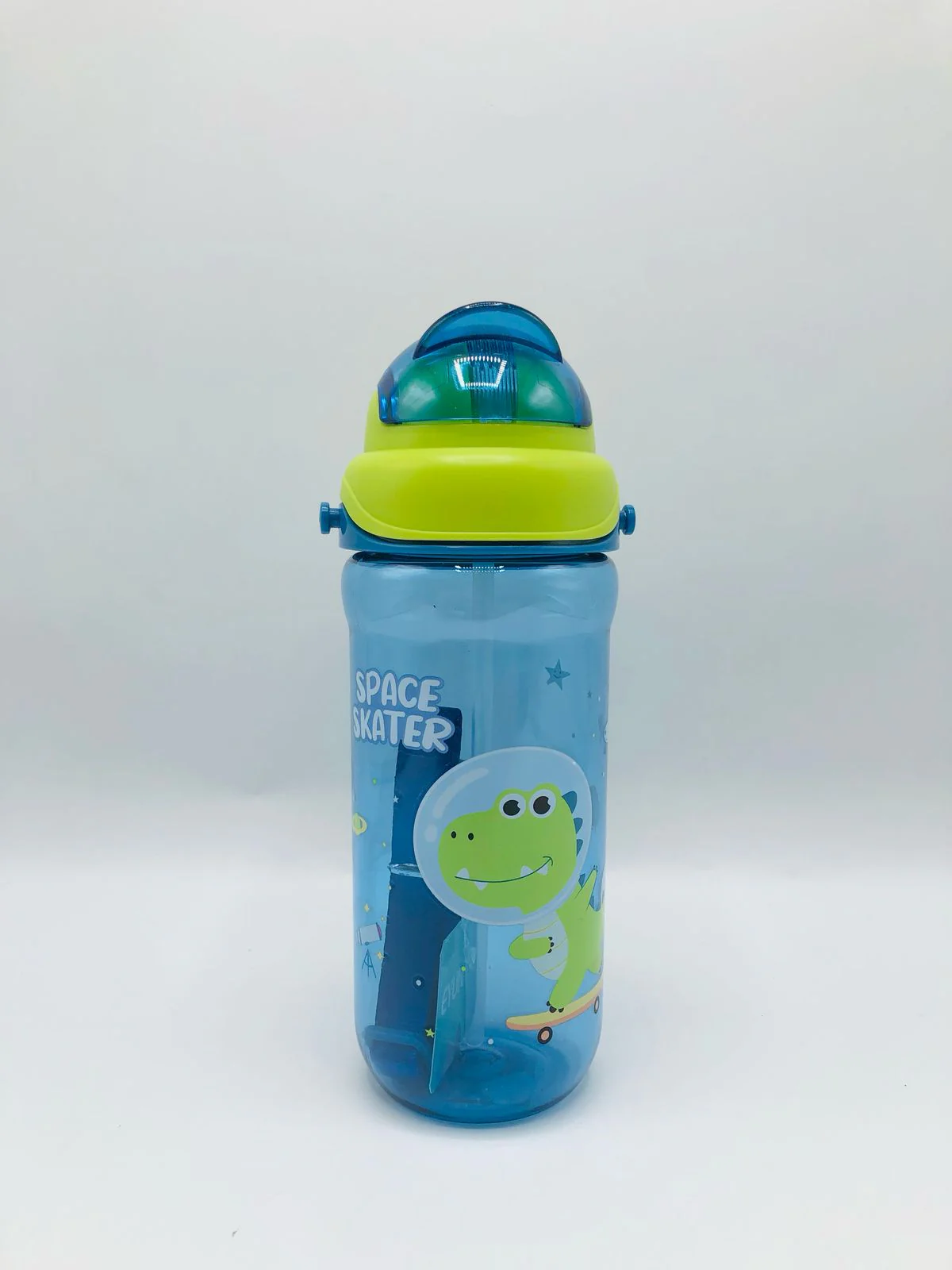 Dyno Themed Plastic School Water bottle with Silicon Straw and Strap