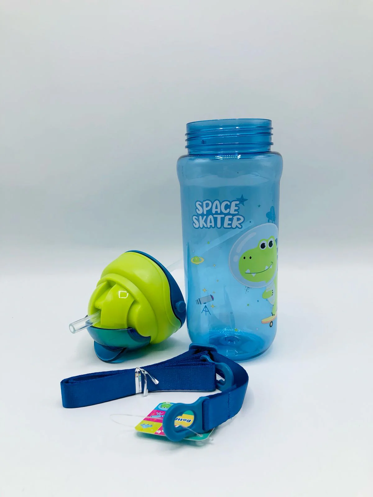 Dyno Themed Plastic School Water bottle with Silicon Straw and Strap - Image 2