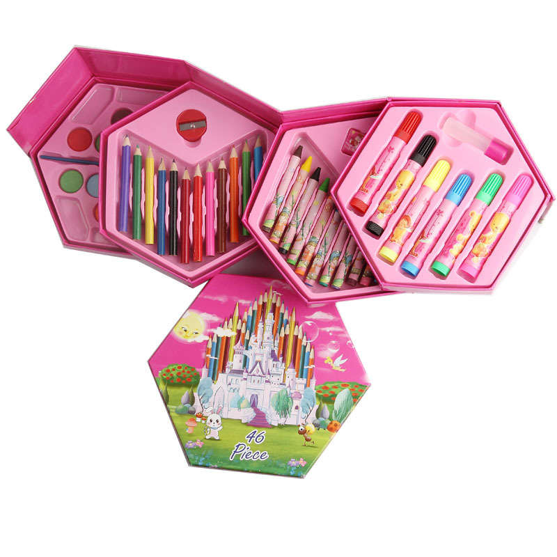 Hexagonal Coloring Box Art Kit Set Of 46 Pieces With Color Pencils, Crayons, Water Color, Marker Pens for kids